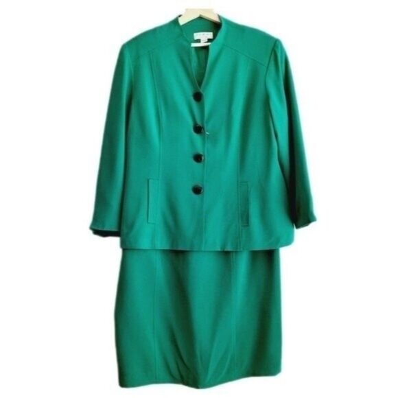 SHOMI by Miller Shore 100% Silk 2-Piece Skirt Blazer Set Green Sz 16 Flawed - Picture 1 of 16